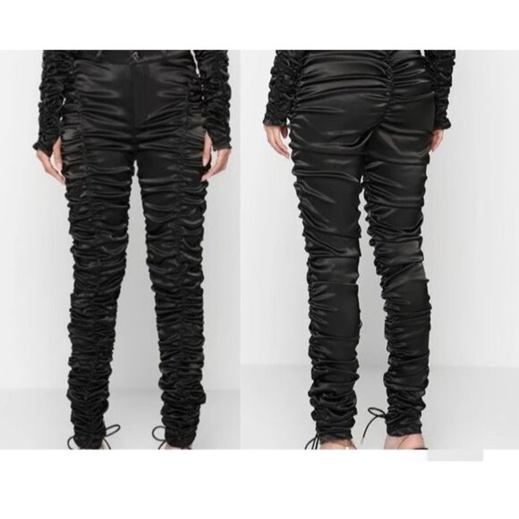 Maniere De Voir Ruched Satin Trousers Pants Size 6 US Black Cinch Skinny - Picture 3 of 15